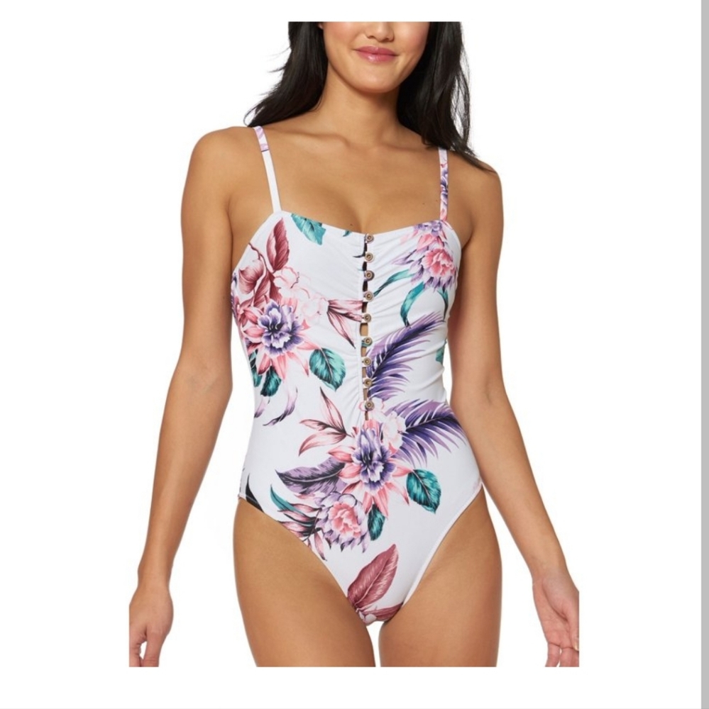 Jessica Simpson White Multi Floral-Print Button One-Piece Swimsuit Size LARGE